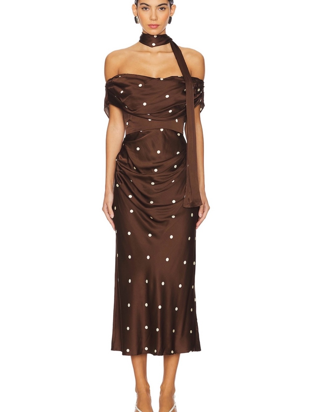 LPA Brown Polka Dot Off-Shoulder Midi Dress with Neck Scarf